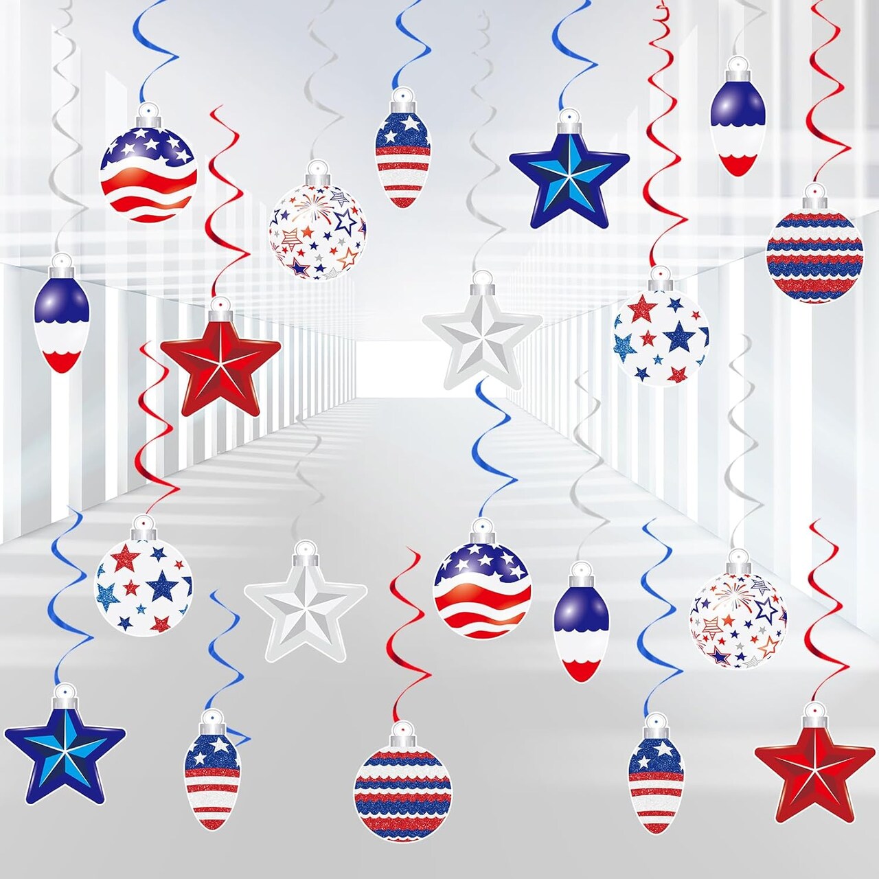 48 PCS 4th of July Hangings Swirl Decorations, Independence Day Patriotic Party Supplies, No DIY Ceiling Streamers Decor for Holiday Birthday Wedding Veteran Day Tree Red White Blue Decorations